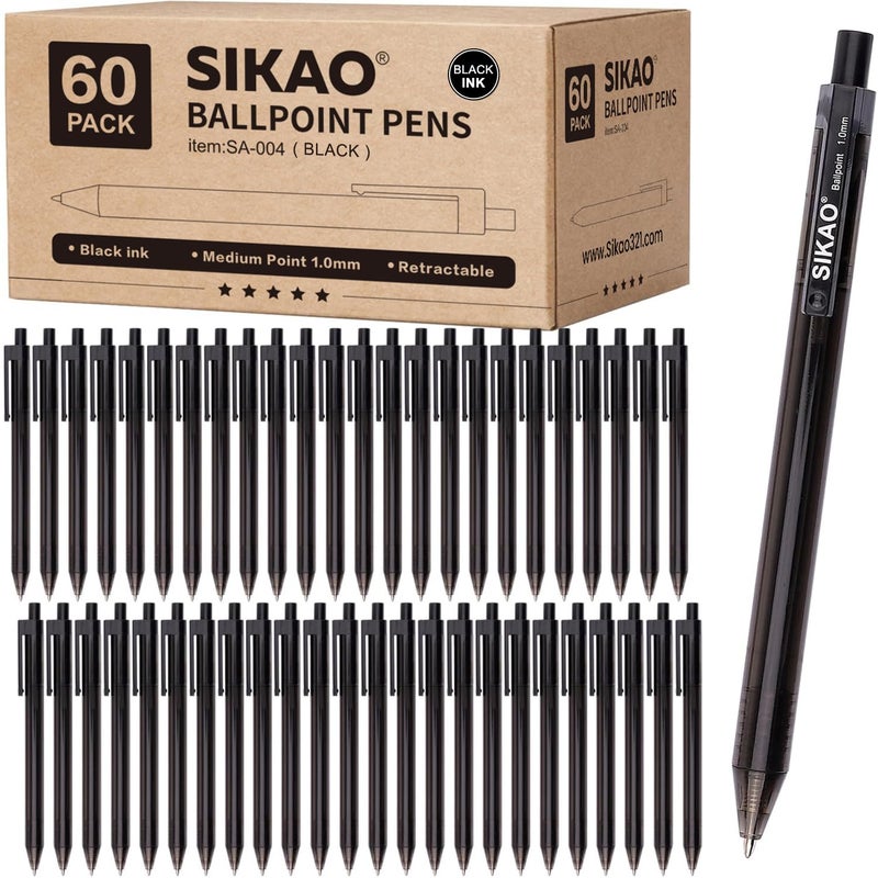 Sikao Black Pens Bulk, 60 Pack Retractable Ballpoint Pens, Black Ink 1.0mm Medium Point, Smooth Writing No-Smear, Click Pens for Teachers, Students, Restaurant Servers, School & Office Supplies - Image 1